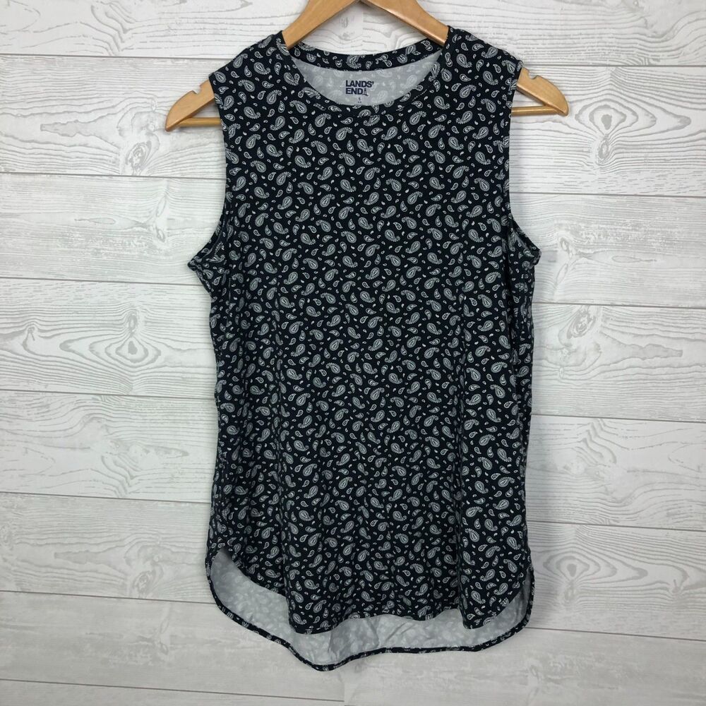 Lands End Women's Small 6/8 Paisley Print Tank Top Sleeveless Shirt Black White